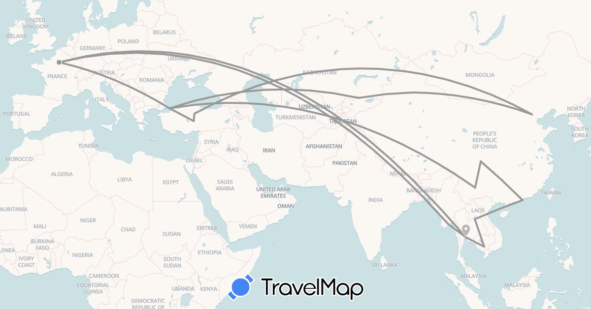TravelMap itinerary: driving, plane in China, France, Hong Kong, Cambodia, Laos, Myanmar (Burma), Thailand, Turkey (Asia, Europe)